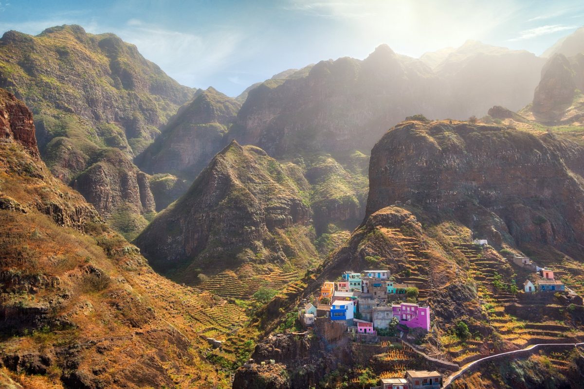 a colorful buildings on a mountain